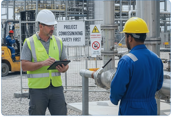 Équipe industrielle examinant des procédures de sécurité lors d’une mise en service sur site